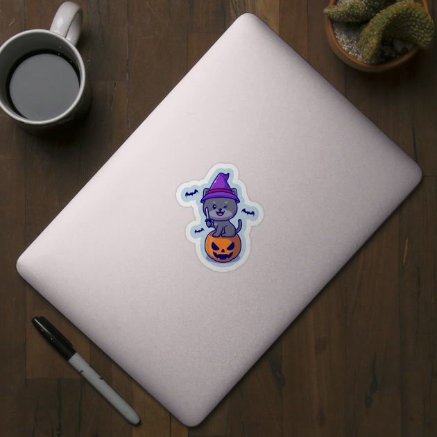 Cute Witch Cat Sitting On Pumpkin Halloween Holding Knife  Cartoon by Catalyst Labs